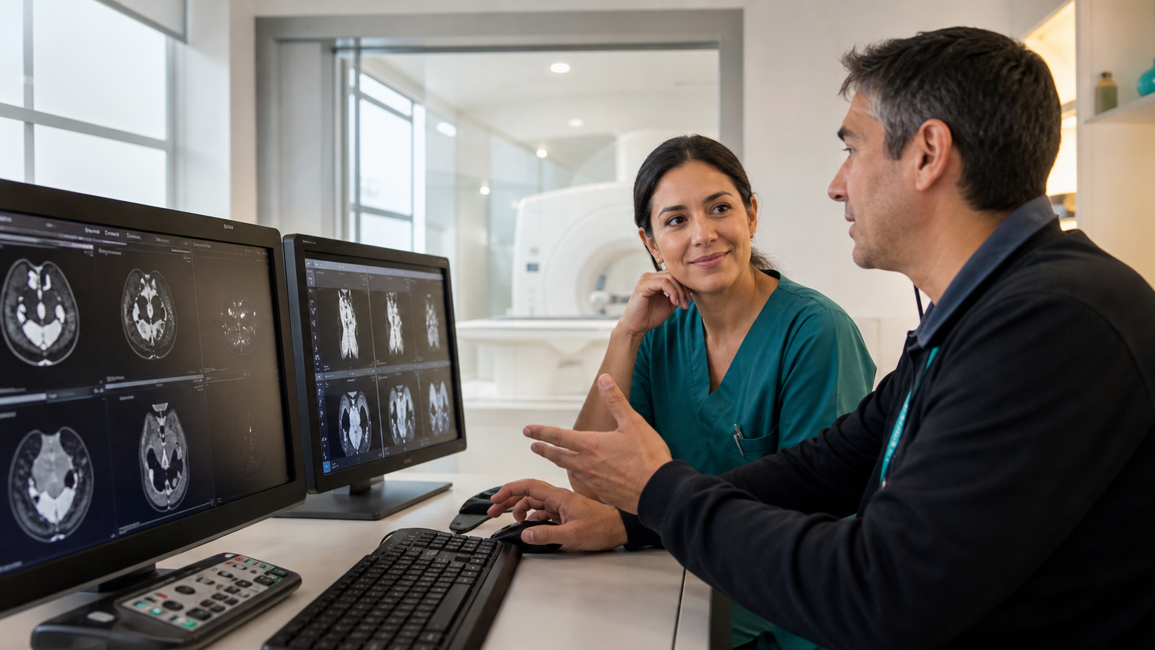 Profesional de salud y especialista tecnológico revisando imágenes clínicas